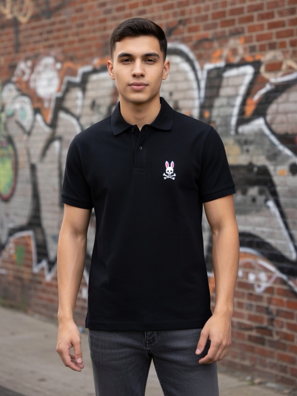 Psycho Bunny Black Polo with Pink-Accented Bunny Skull